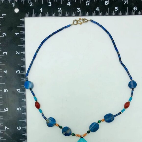 Lapis and Turquoise Beaded Necklace, Handmade Vintage Beaded Necklace - Picture 9 of 12